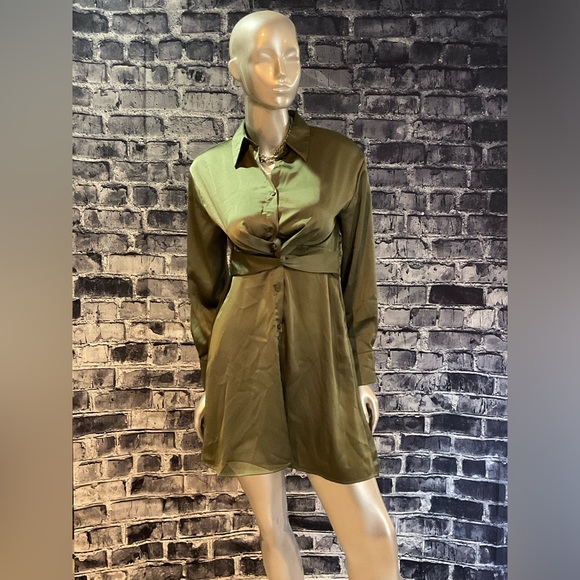 Olive Green Satin Long Sleeve Formal Dress - Picture 2 of 7